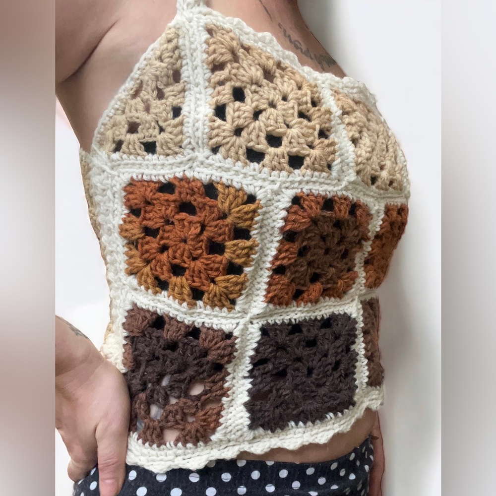 New! Handmade Crochet Ombré Browns Granny Square Top • Large